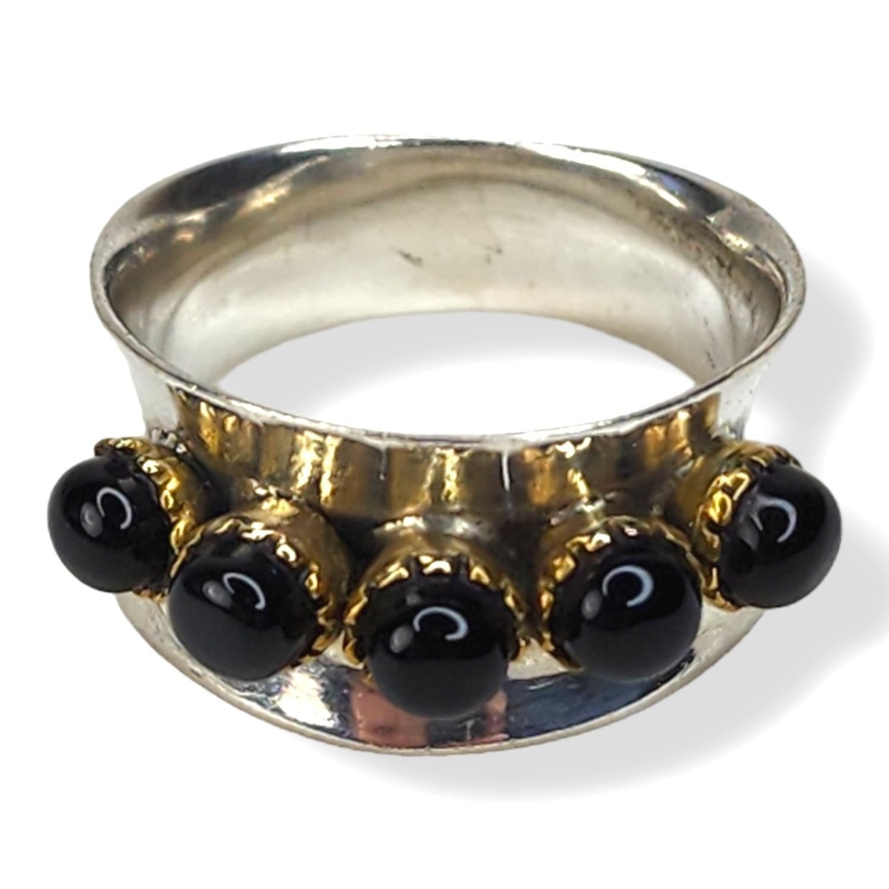 Vintage Ring Sterling Silver 925 Size 7.5 Black Onyx Gold Vermeil Wide Band